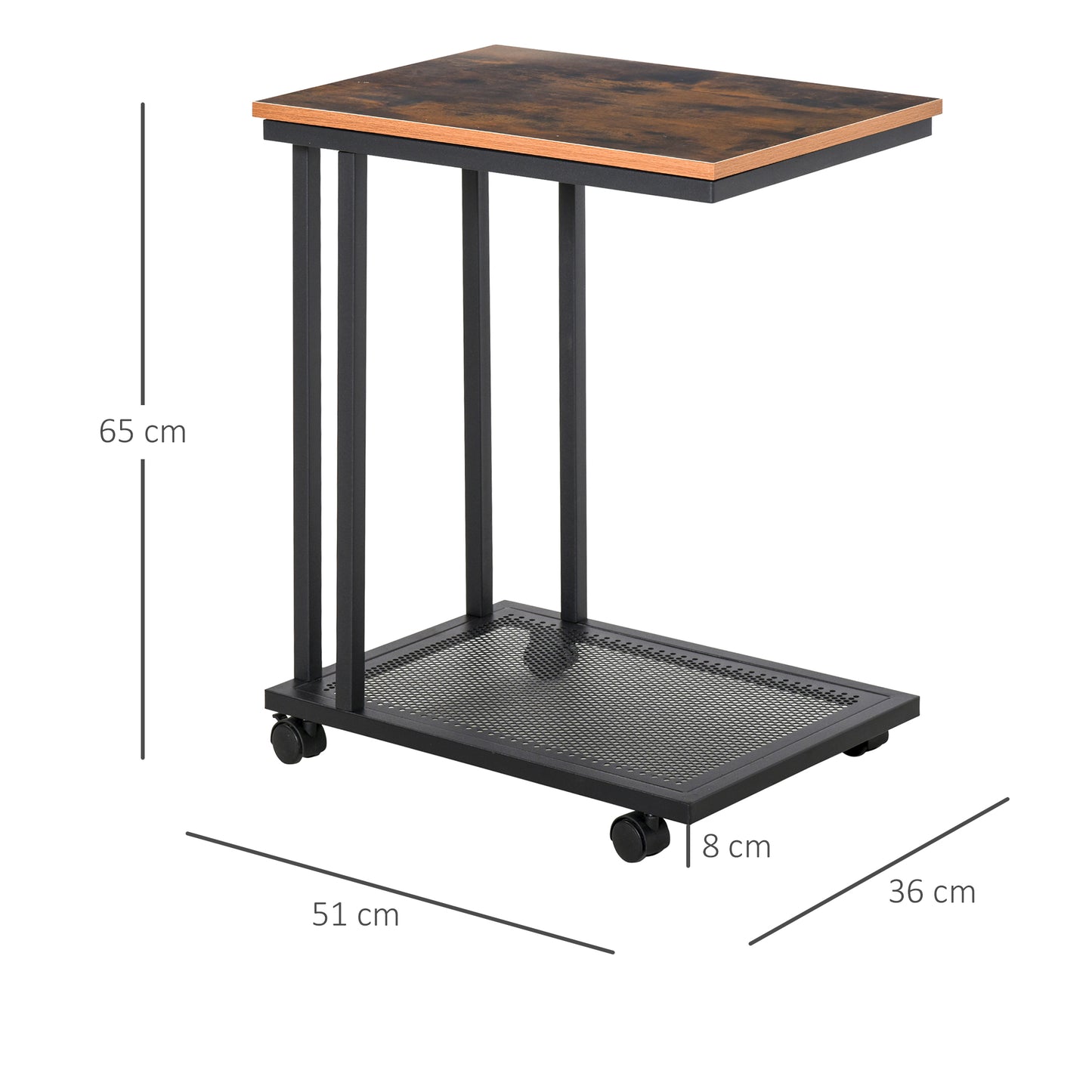 HOMCOM C Shaped Side Table Set of 2 with Wheels Mobile End Table Laptop Stand Metal Frame and Storage Shelf Rustic Brown