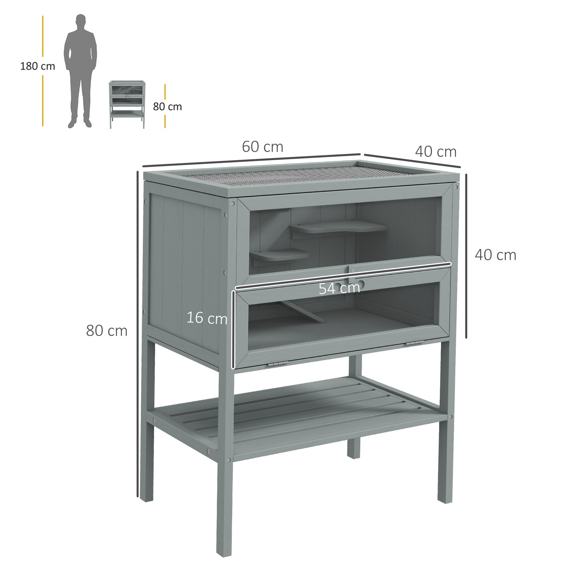 PawHut Three-Tier Wooden Hamster Habitat with Storage Shelf and Openable Top - Grey - ALL4U RETAILER LTD