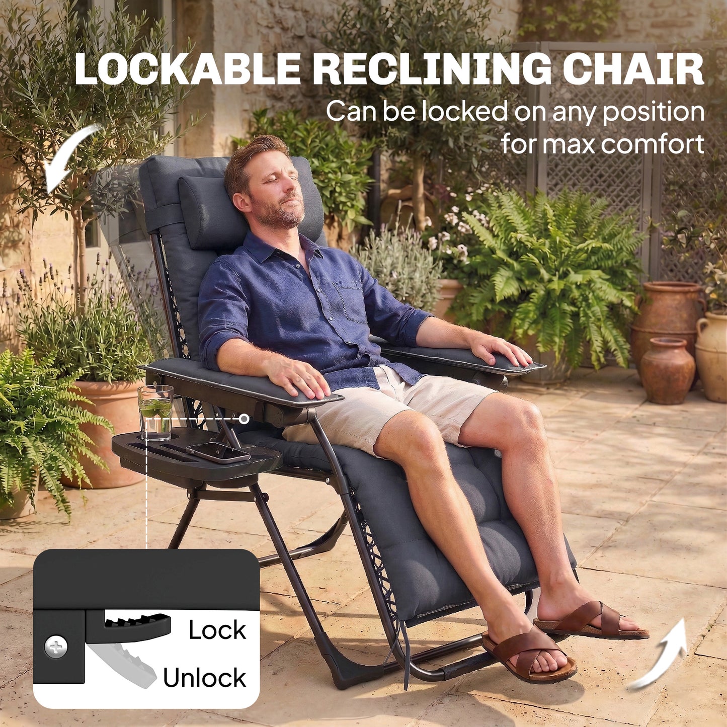 Outsunny Zero Gravity Chair Folding Sun Lounger Reclining Chair With Arm Pads Cushion Cup Holder Headrest Dark Gray