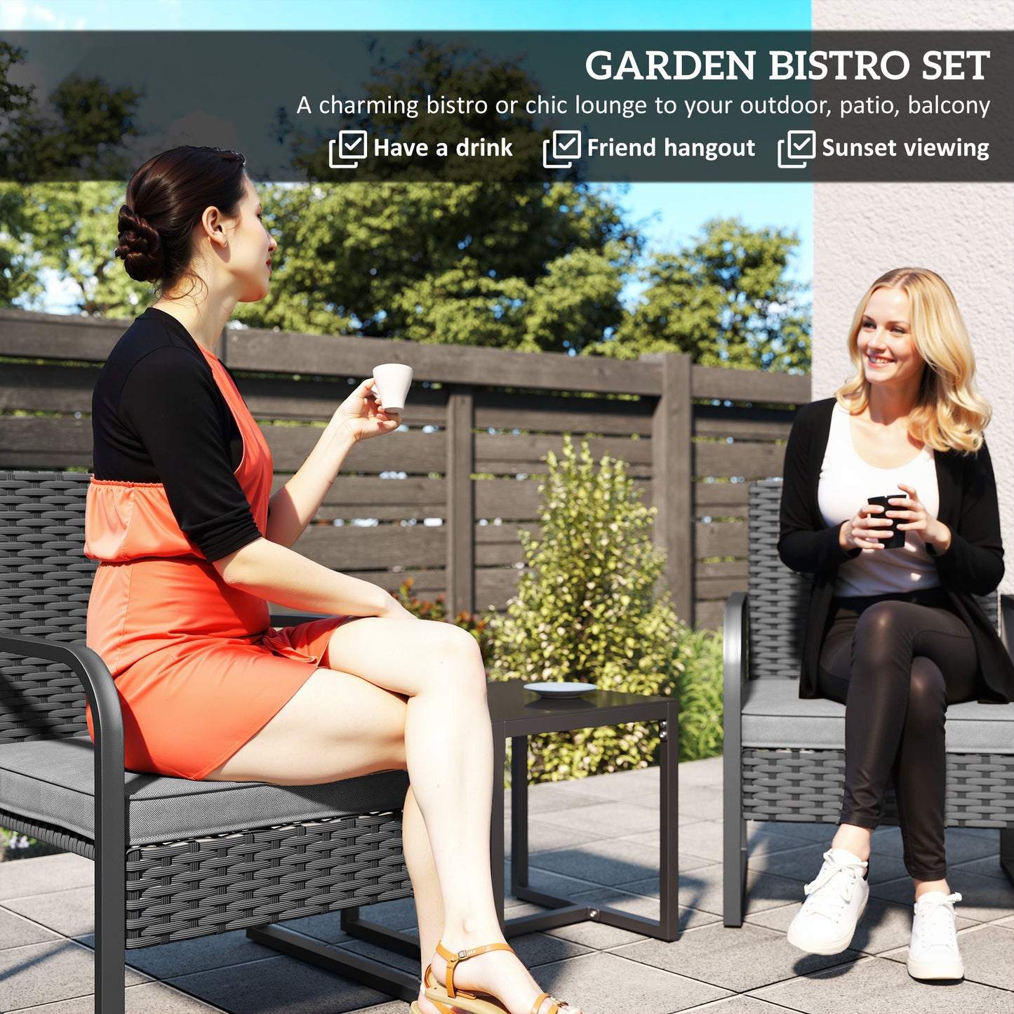 Outsunny Rattan Bistro Set 3 Piece Garden Furniture With Cushions And Glass Top Table Black Weather Resistant
