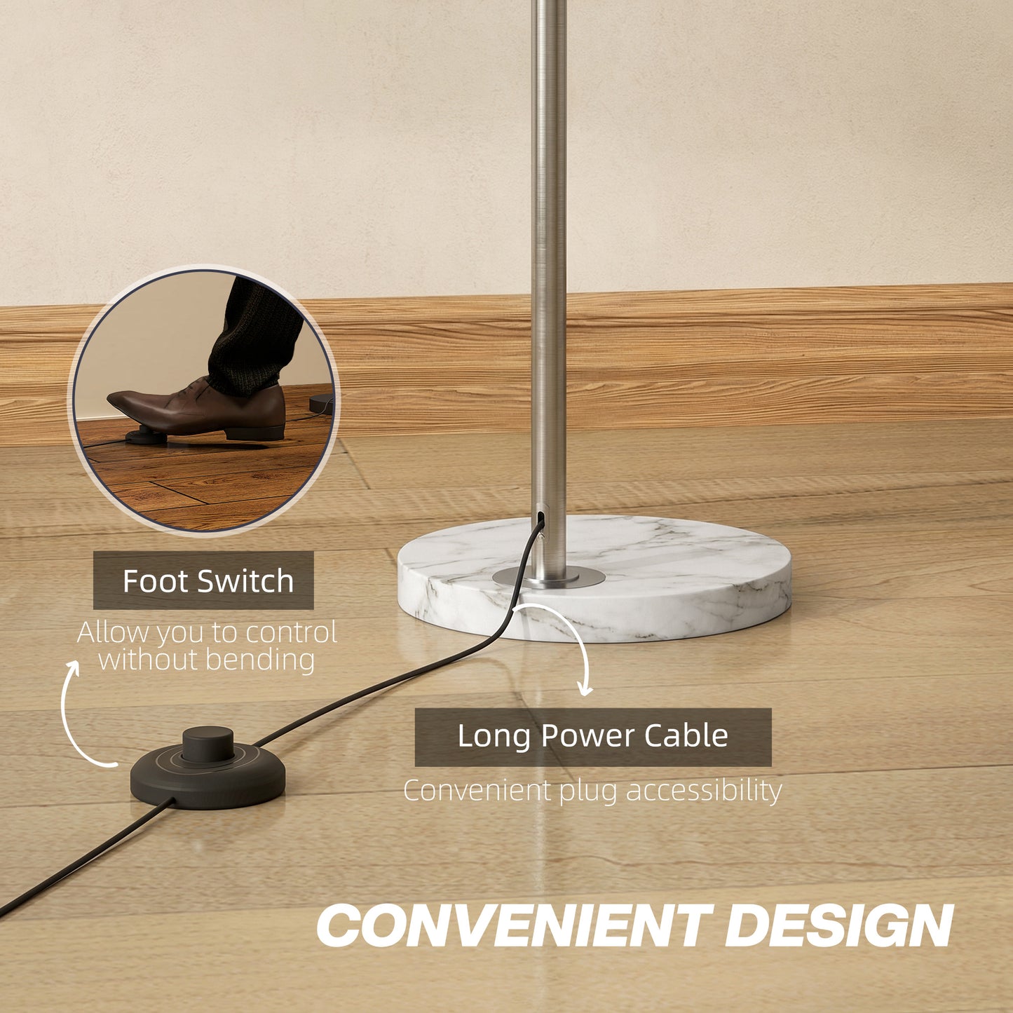 HOMCOM Arc Floor Lamp For Living Room Modern Adjustable Standing Lamp With Faux Black Marble Base Silver Tone