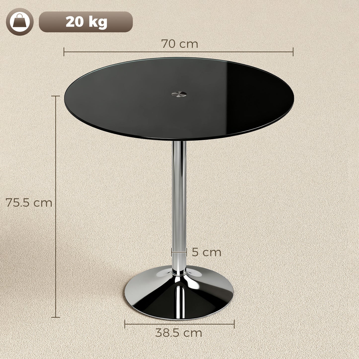 HOMCOM Round Bar Table With Tempered Glass Top And Steel Frame For Four People 70 x 70 x 75.5 cm Black