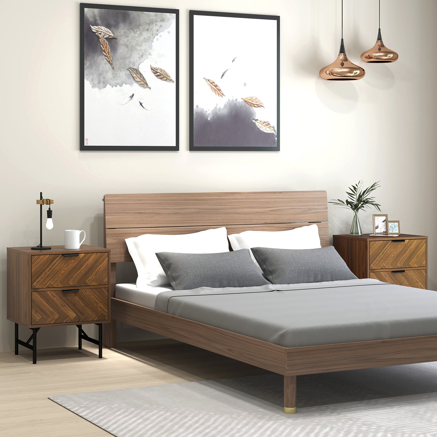 HOMCOM Bedside Table Set Of 2 With 2 Drawers Herringbone Pattern And Metal Legs Walnut Brown For Bedroom And Living Room