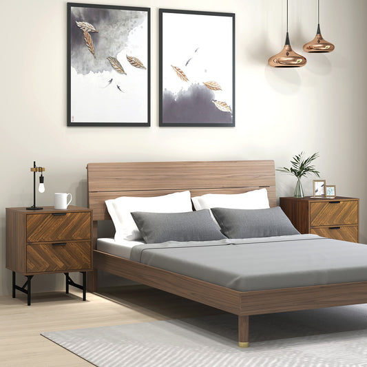 HOMCOM Bedside Table Set Of 2 With 2 Drawers Herringbone Pattern And Metal Legs Walnut Brown For Bedroom And Living Room