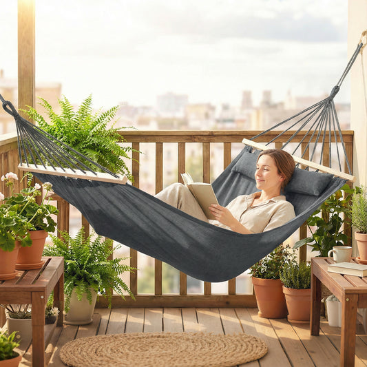 Outsunny Cotton Hammock Portable Swing With Headrest And Side Pocket For Outdoor Relaxation Dark Gray