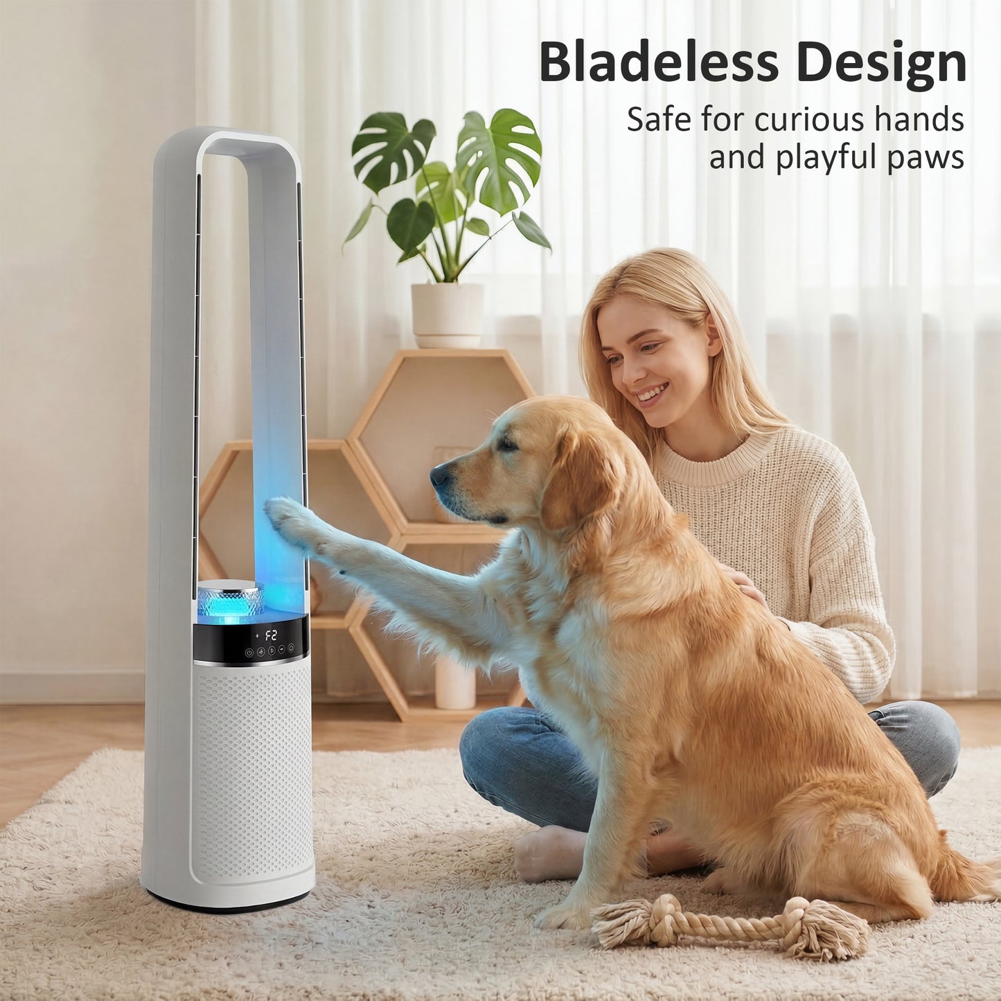 HOMCOM Bladeless Tower Fan 36dB Quiet Oscillating Cooling Fan With LED Lights 3 Speeds 12H Timer Remote Control