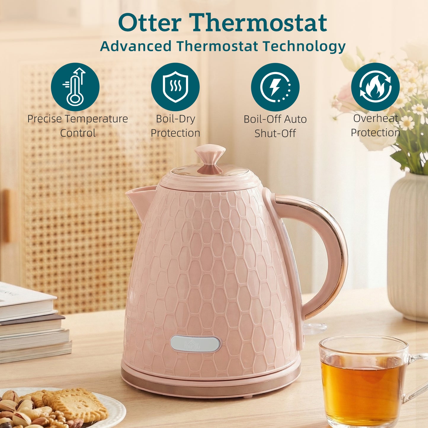 HOMCOM 1.7L 3000W Fast Boil Kettle And 2 Slice Toaster Set With Auto Shut Off Browning Controls Honeycomb Light Pink