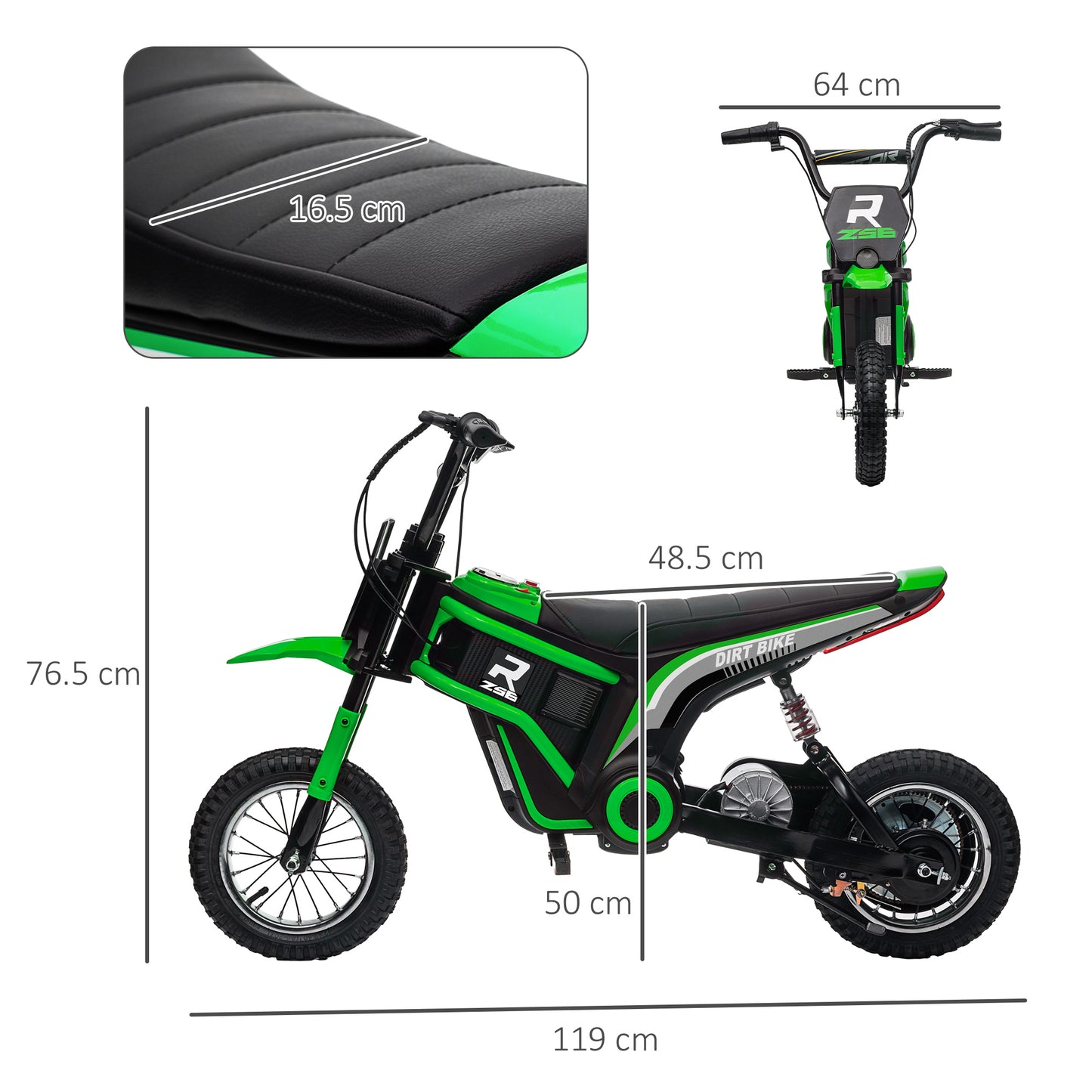 HOMCOM 24V Electric Motorbike Dirt Bike Twist Grip Throttle Music Horn 12" Pneumatic Tyres 16 Km/h Max Speed Green - ALL4U RETAILER LTD