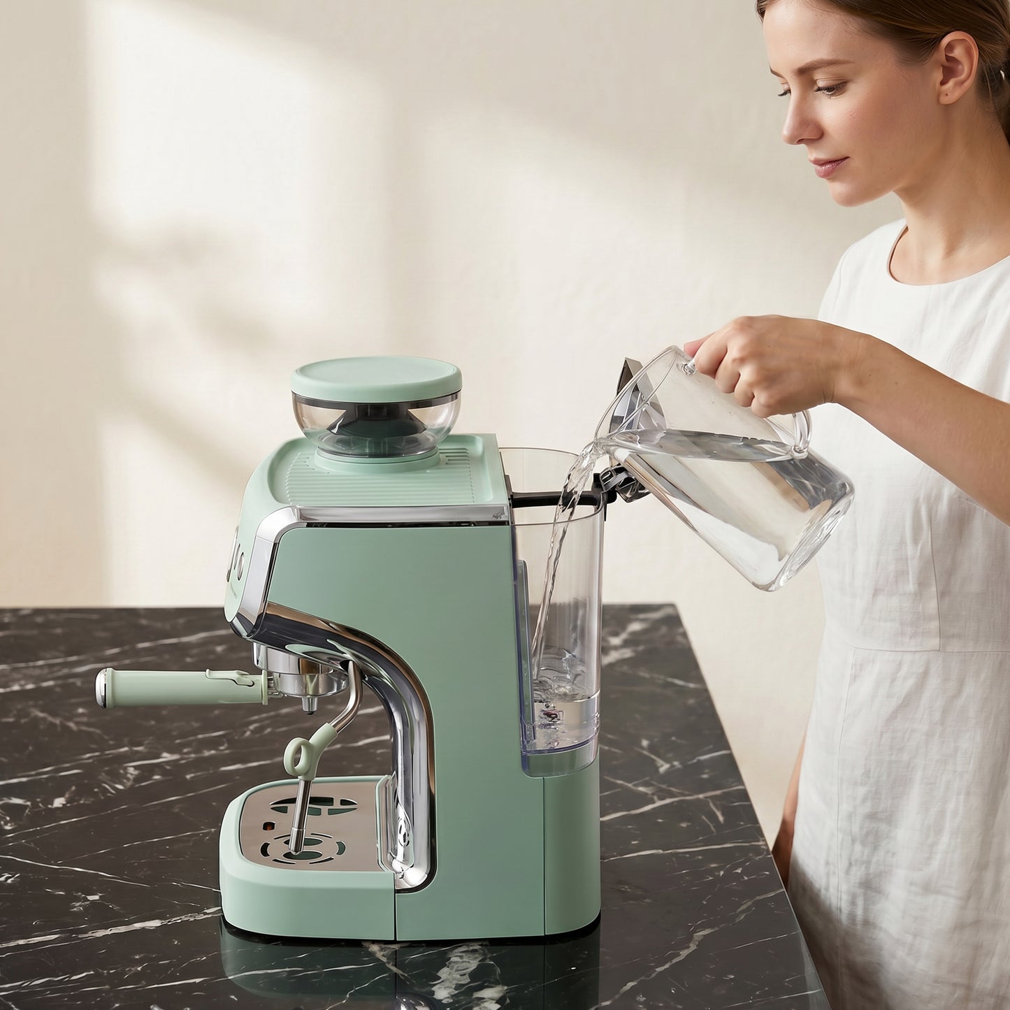 HOMCOM Bean To Cup Coffee Machine With Integrated Grinder And Steam Wand 15 Bar Pressure Light Green