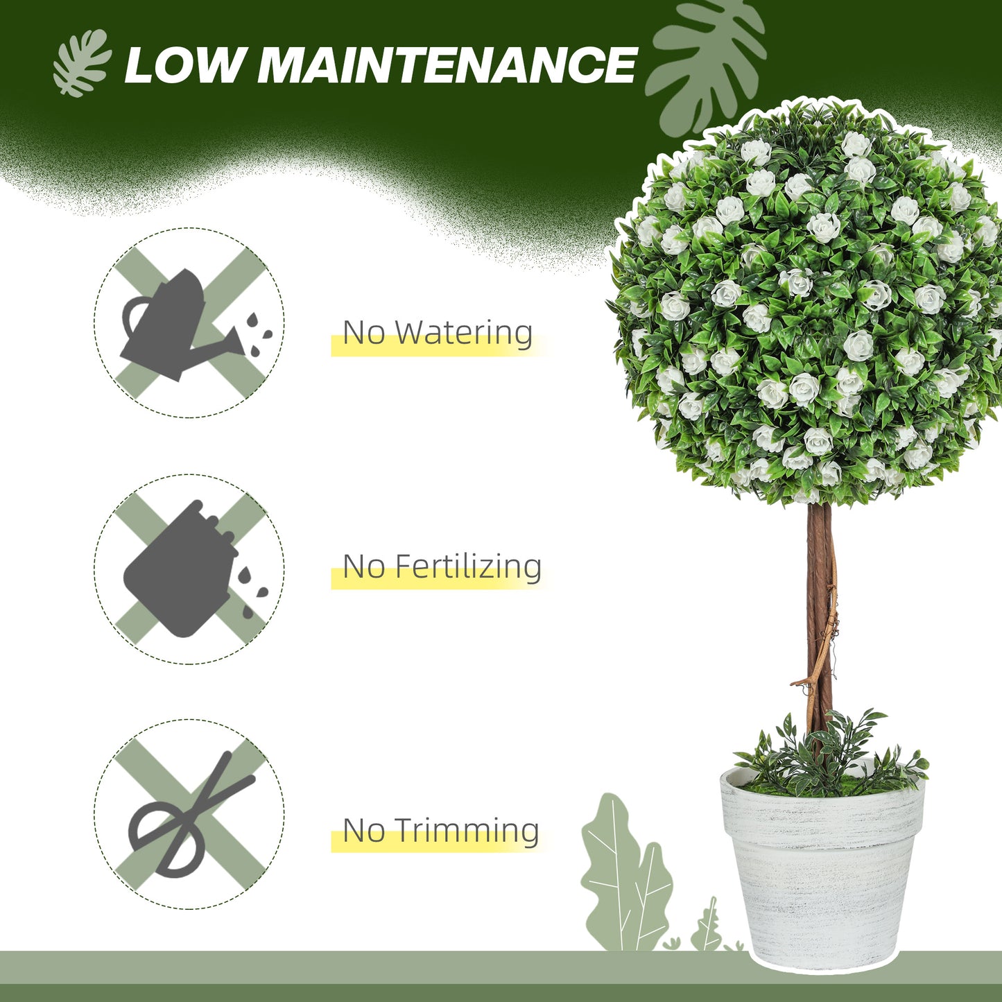 HOMCOM Set Of 2 Decorative Artificial Plants Ball Topiary Tree With Rose Flowers In Pot 60cm White UV Resistant