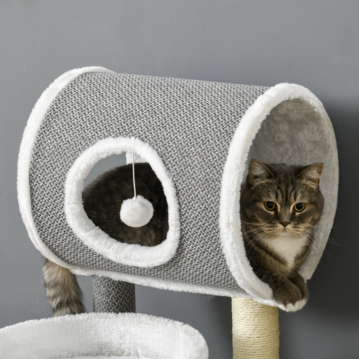 PawHut White Cat Tree with Scratching Post, Bed, Tunnel, Toy Ball - 48x48x73cm - ALL4U RETAILER LTD