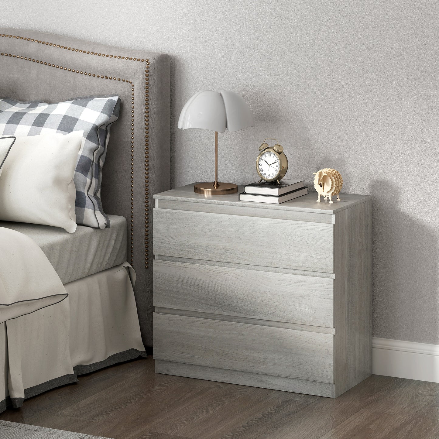 HOMCOM Three Drawer Chest In Grey Wood Effect Made From Particle Board With Flat Top For Bedroom Storage