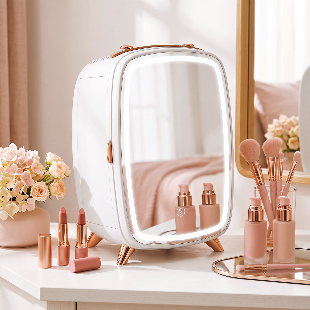 White skincare refrigerator with framed glass door and rose-gold handle, countertop mini fridge