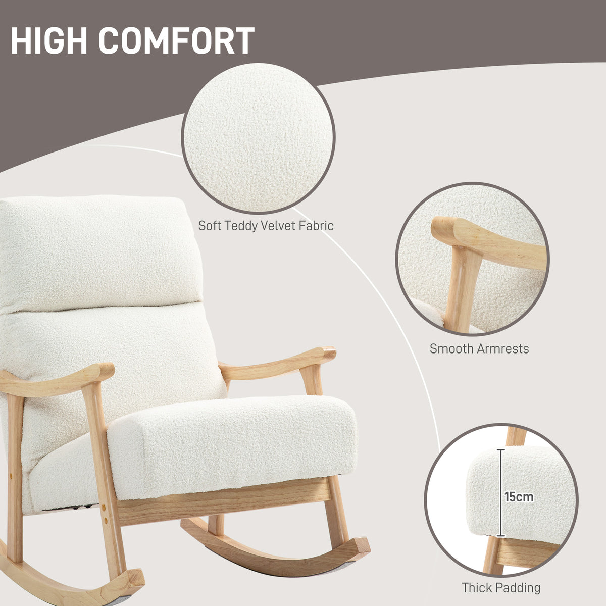 Cream teddy-fleece high comfort nursing rocking chair with smooth wooden armrests