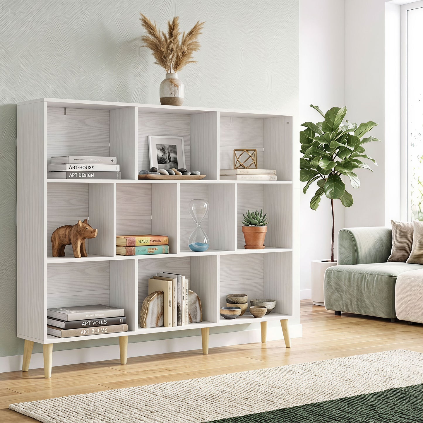 HOMCOM 10-Cube Bookcase with Solid Wood Legs, 140cm Modern 3-Tier Bookshelf, Anti-Tip Kit, White