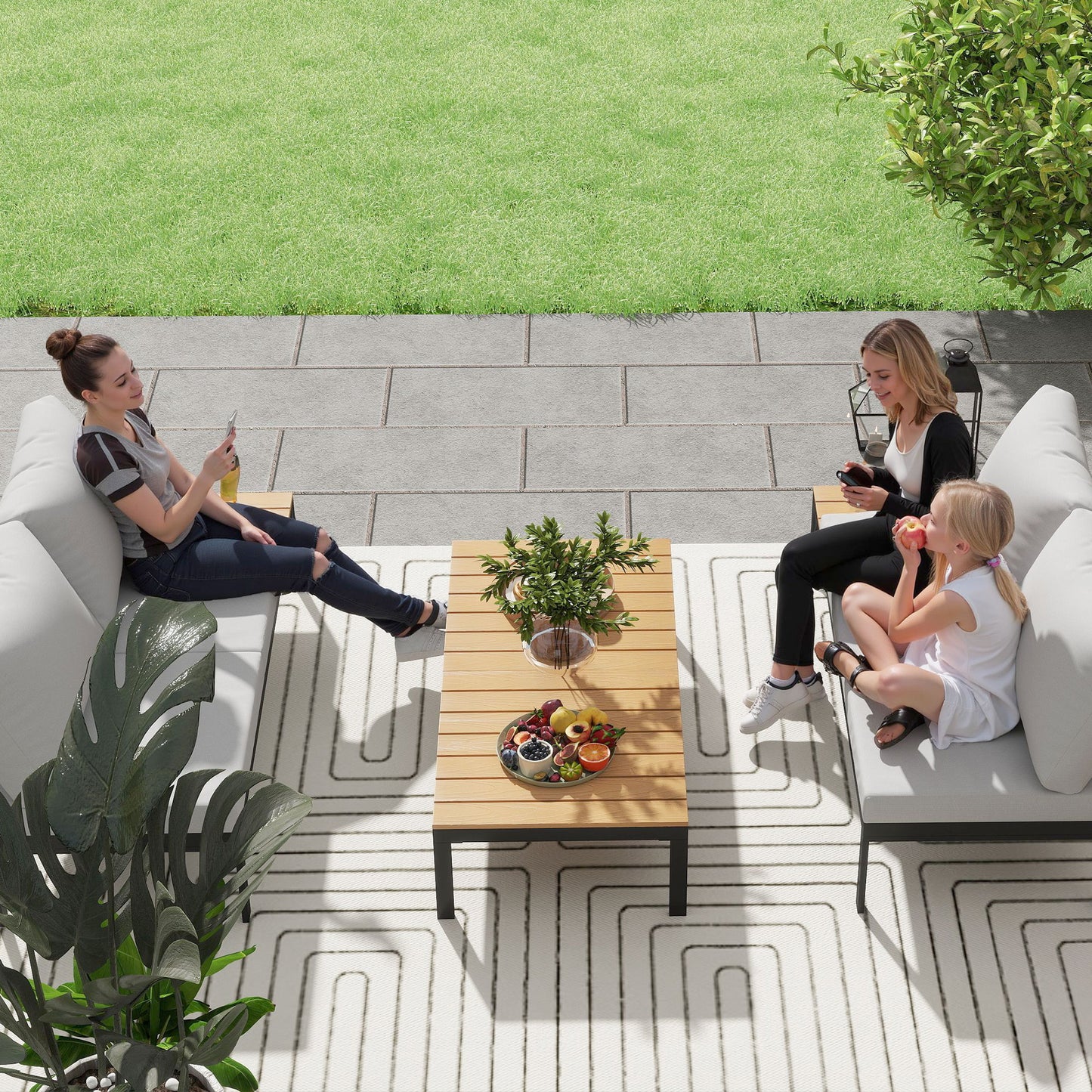 Outsunny Four Piece Garden Corner Sofa Set With Two Loveseats And Two Coffee Tables Teak Finish