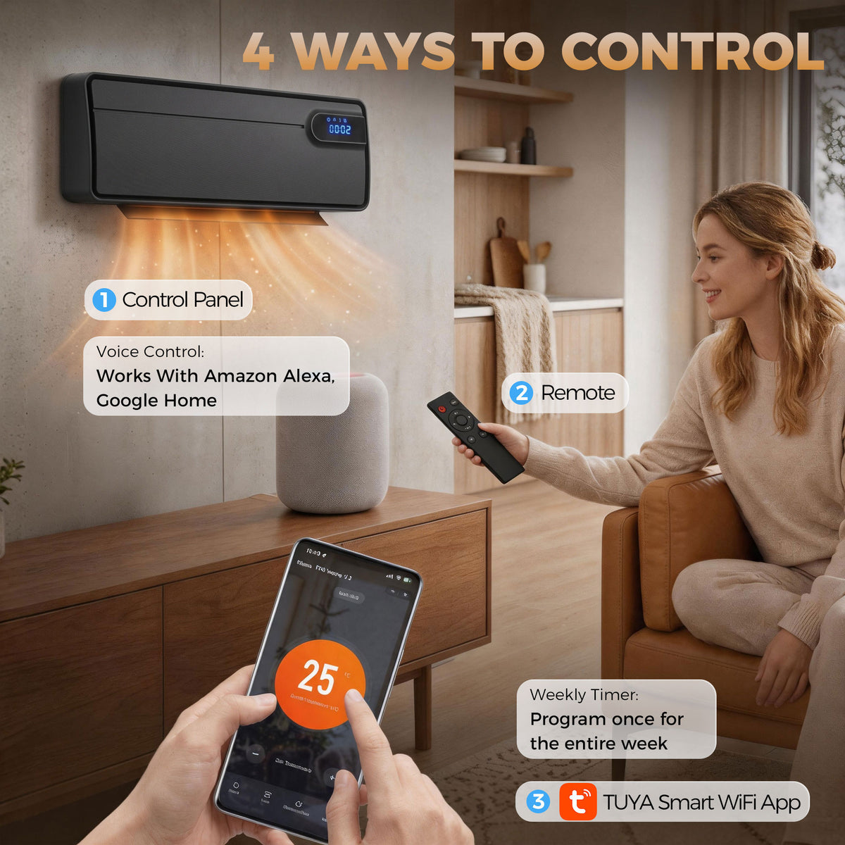 Wall-mounted ceramic heater with black display panel and handheld remote control