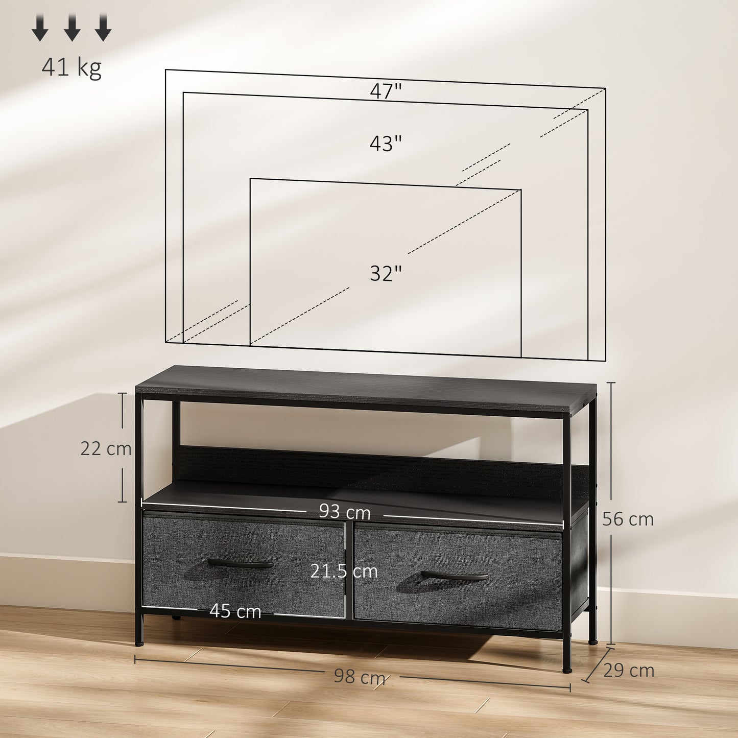 HOMCOM Two Tone Black TV Stand Cabinet With Two Foldable Drawers For Up To 47 Inch TV Entertainment Center