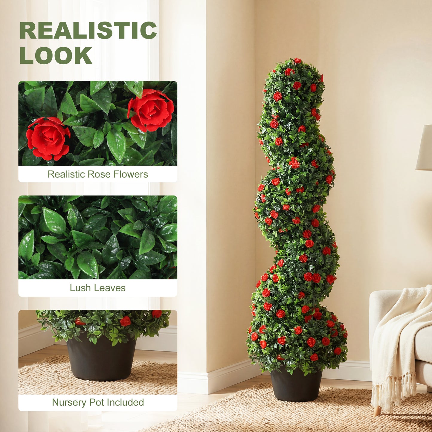 HOMCOM Artificial Rose Spiral Topiary Tree Set Of 2 For Indoor Outdoor Use 90cm With 630 Leaves