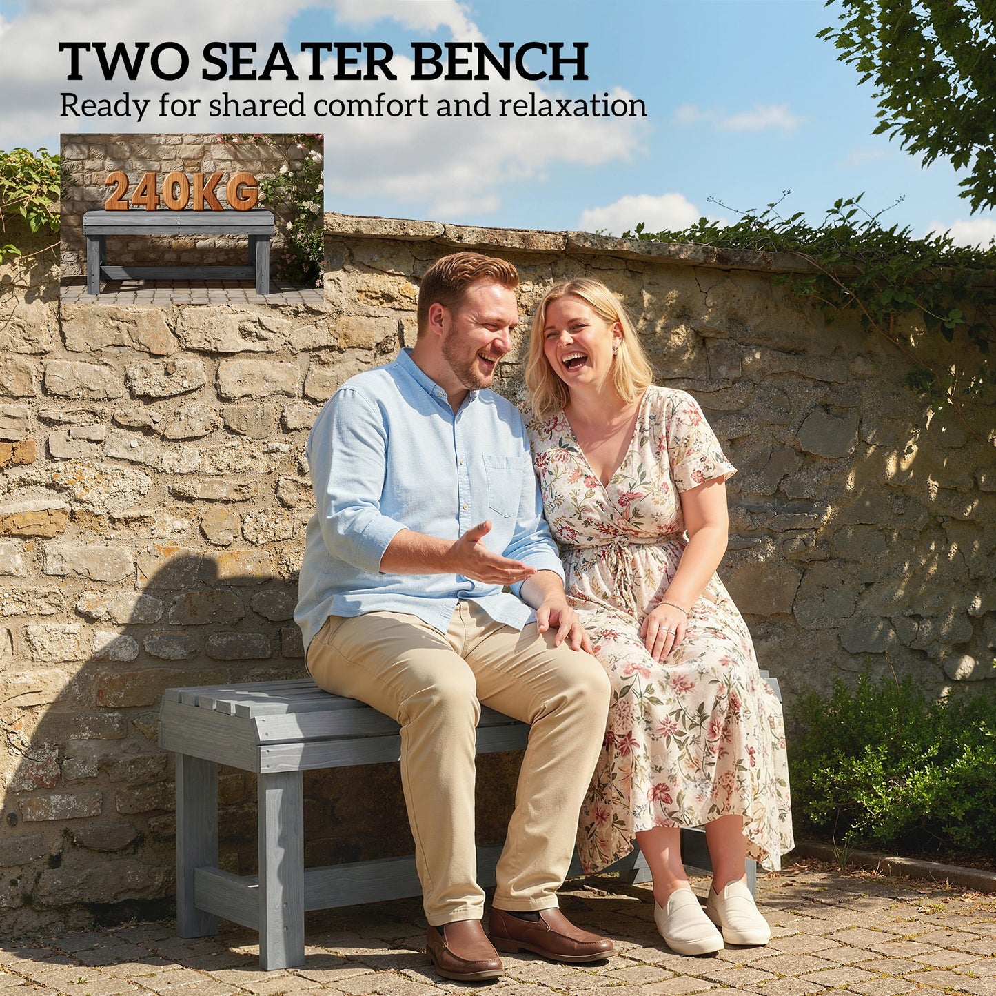 Outsunny Wooden Outdoor Bench 2 Seater Garden Bench Backless Patio Bench With Slatted Curved Seat Grey Embossed Finish
