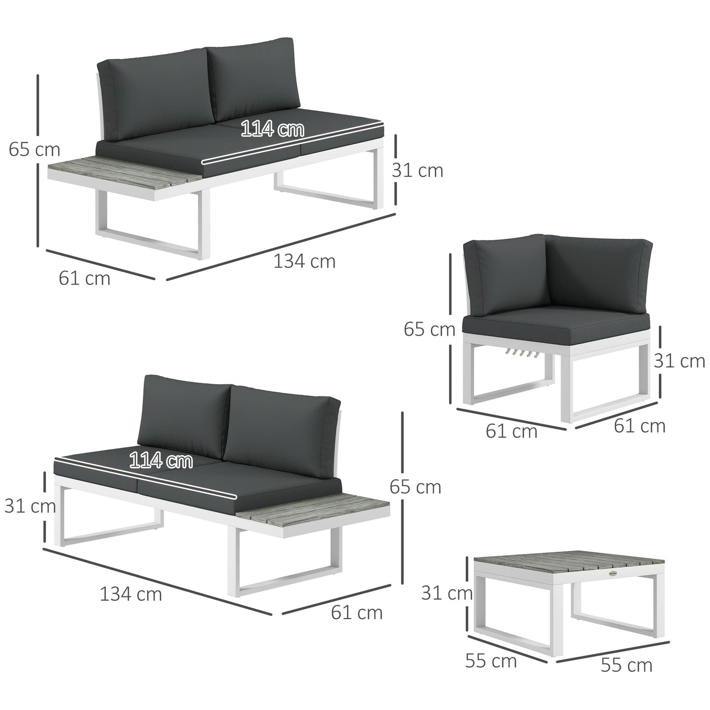 Outsunny 4 Pcs Patio Garden Set w/ 5-Level Recline Corner Sofa, Garden Lounge Sectional Conversation Sofa Set w/ Cushions, Coffee Table, White - ALL4U RETAILER LTD