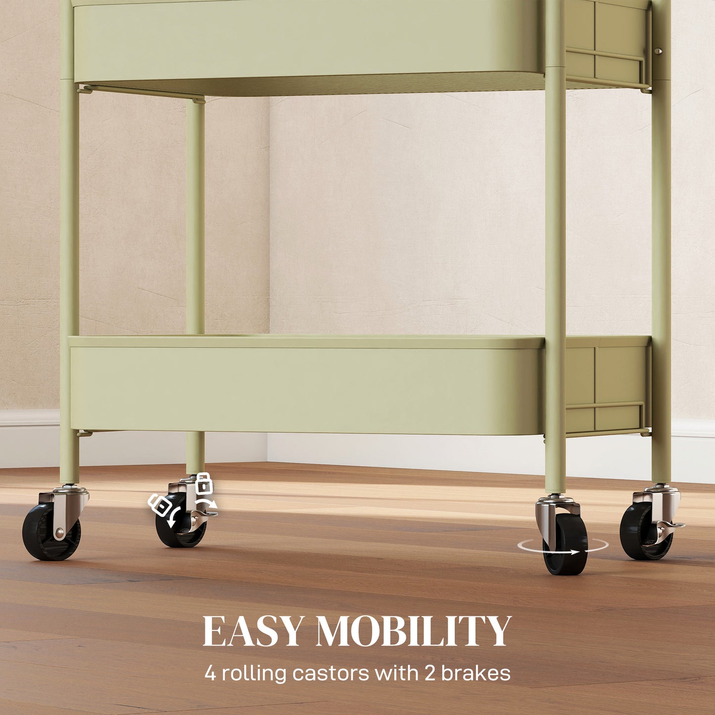 HOMCOM Three Tier Steel Storage Trolley Green Rolling Cart with Small Medium Large Baskets for Home Organization