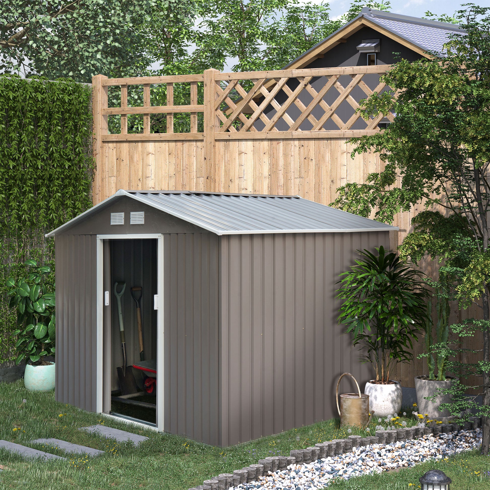 Outsunny 9x6 ft Durable Metal Garden Storage Shed with Sloped Roof, Double Doors, and Foundation - Grey - ALL4U RETAILER LTD