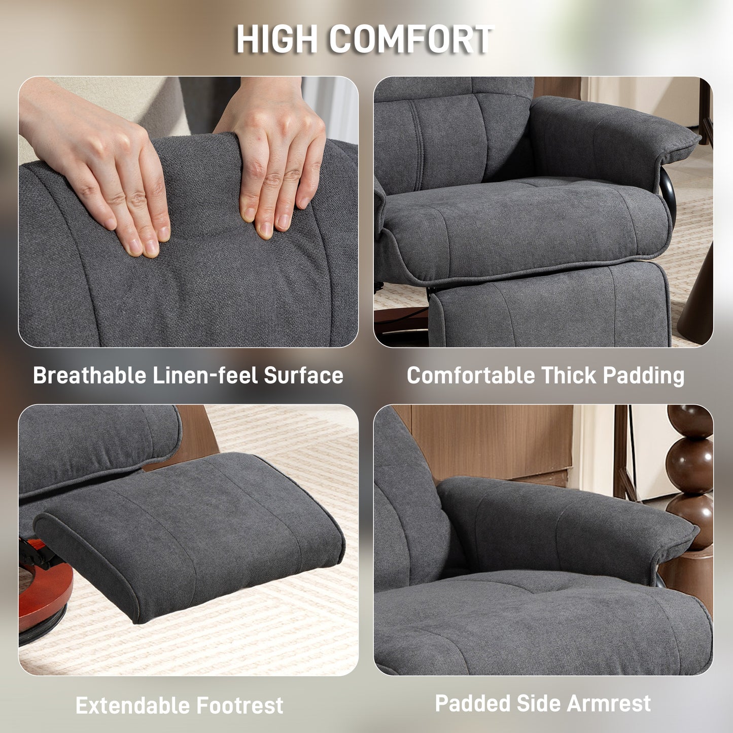 HOMCOM Reclining Swivel Chair With Manual Footrest In Grey Upholstered Armchair For Living Room And Home Office Comfort