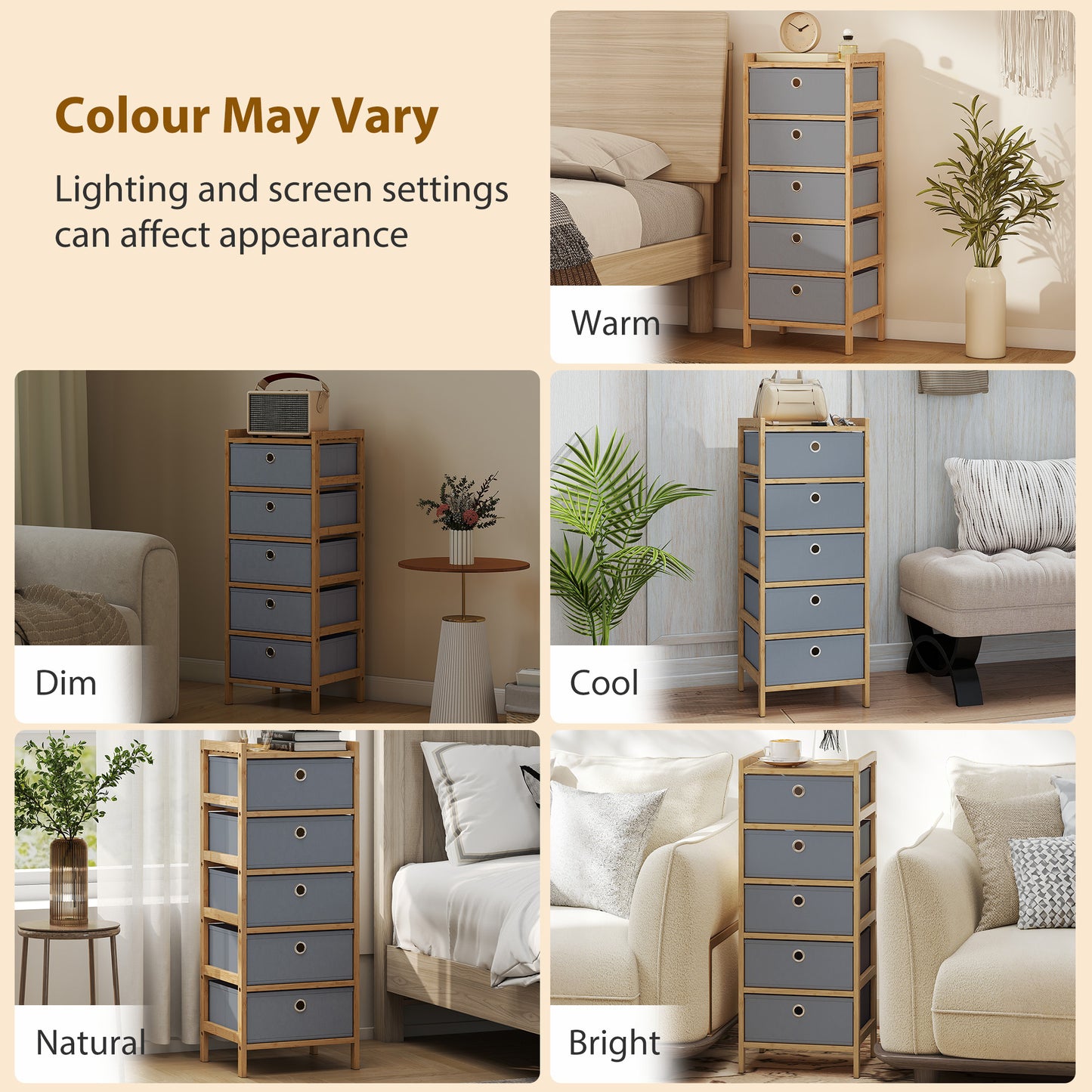 HOMCOM Narrow Chest Of Drawers Dresser With Five Fabric Drawers And Bamboo Frame In Light Grey