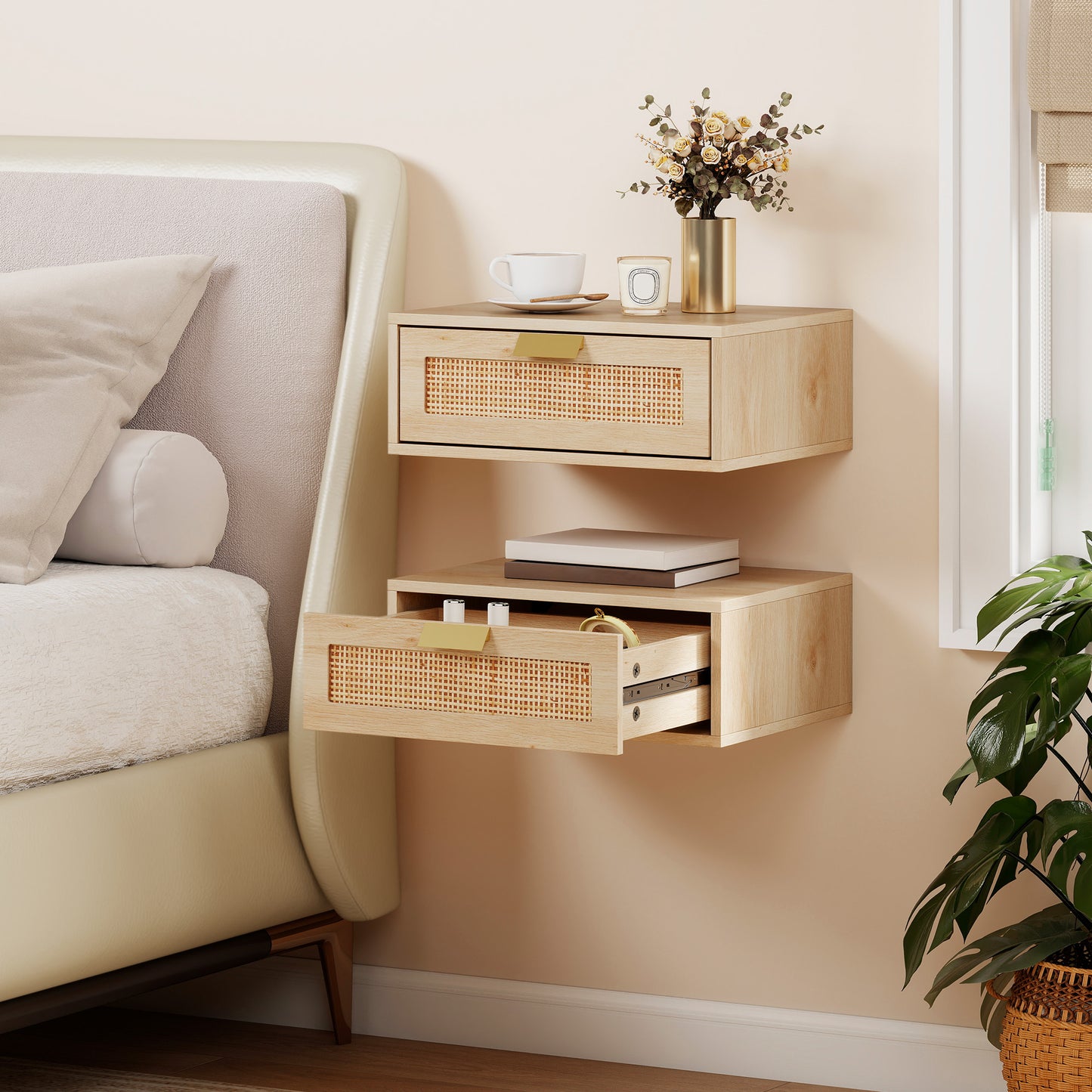 HOMCOM Floating Bedside Tables Set Of 2 Wall Mounted Cabinets With Rattan Drawer And Oak Wood Effect