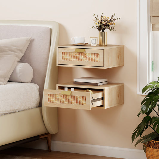 HOMCOM Floating Bedside Tables Set Of 2 Wall Mounted Cabinets With Rattan Drawer And Oak Wood Effect