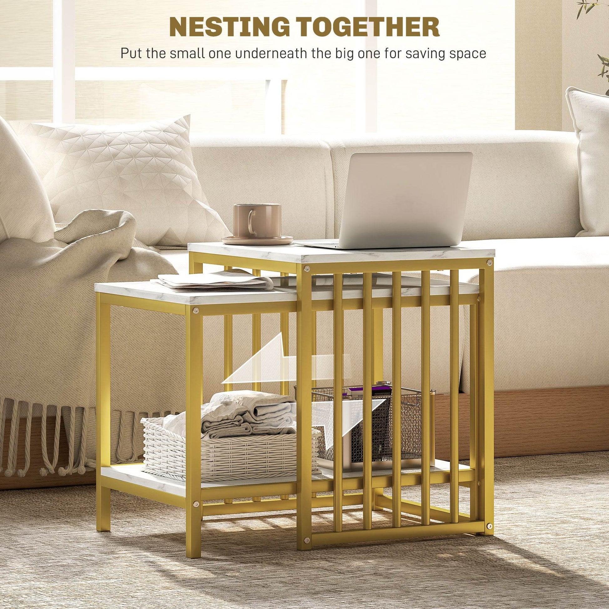 Elegant Marble-Effect Nesting Coffee Table Set with Gold Steel Frame - Modern Side Tables for Living Room - ALL4U RETAILER LTD