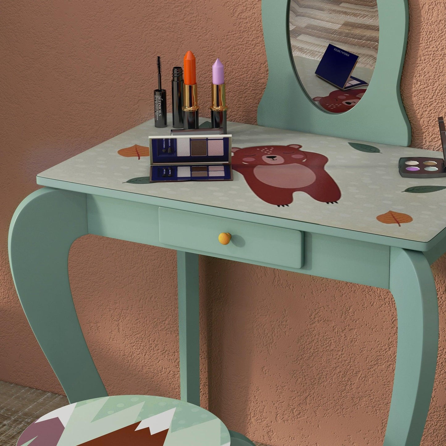 ZONEKIZ Green Kids Dressing Table with Cute Animal Design - 3-6 Years - ALL4U RETAILER LTD