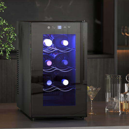 HOMCOM 8 Bottle Tabletop Wine Cooler 17 L Quiet Under Counter Glass Door LED Light Digital Touch Temperature Control