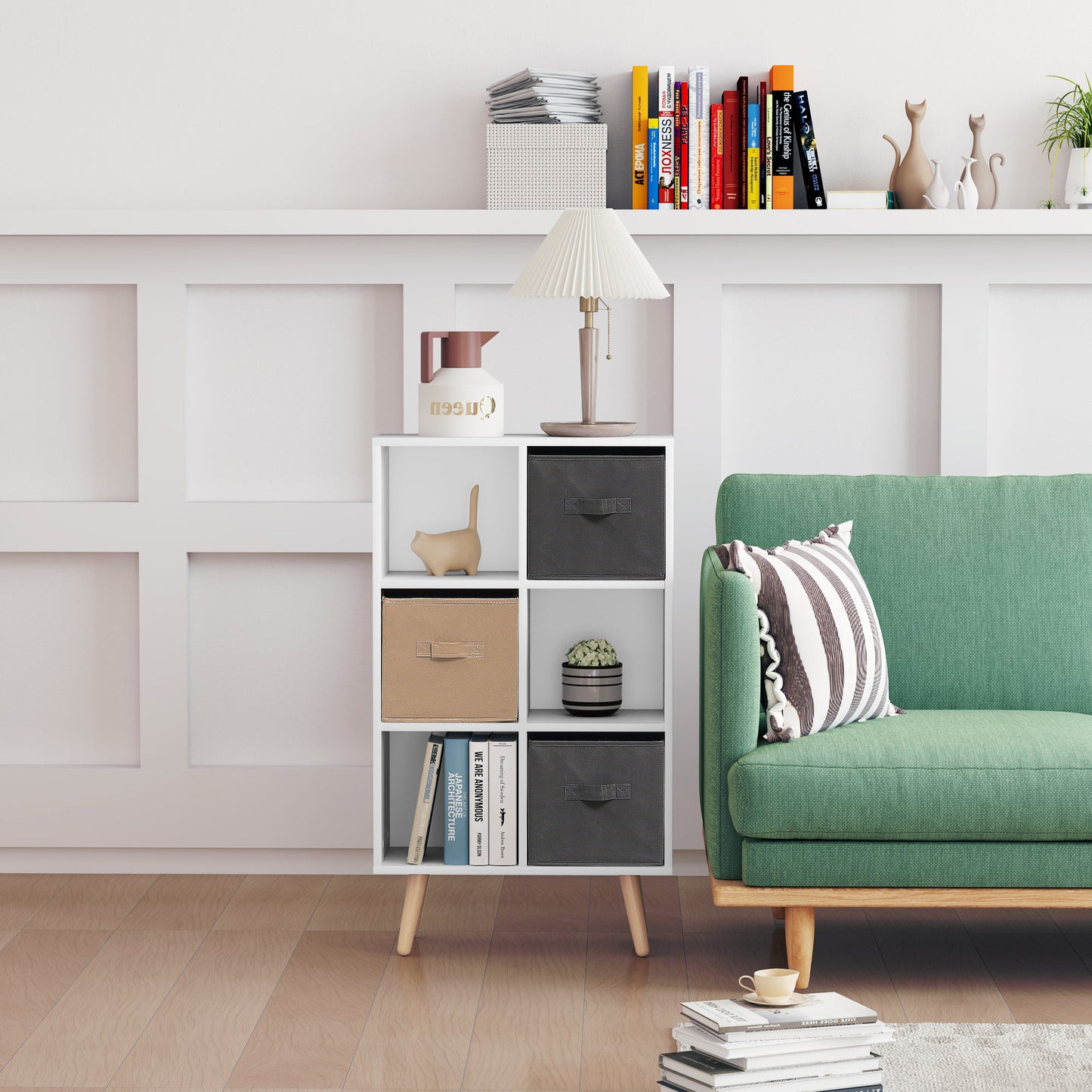 HOMCOM Freestanding 6 Cube Storage Cabinet With 3 Fabric Drawers And Open Shelves White Home Office