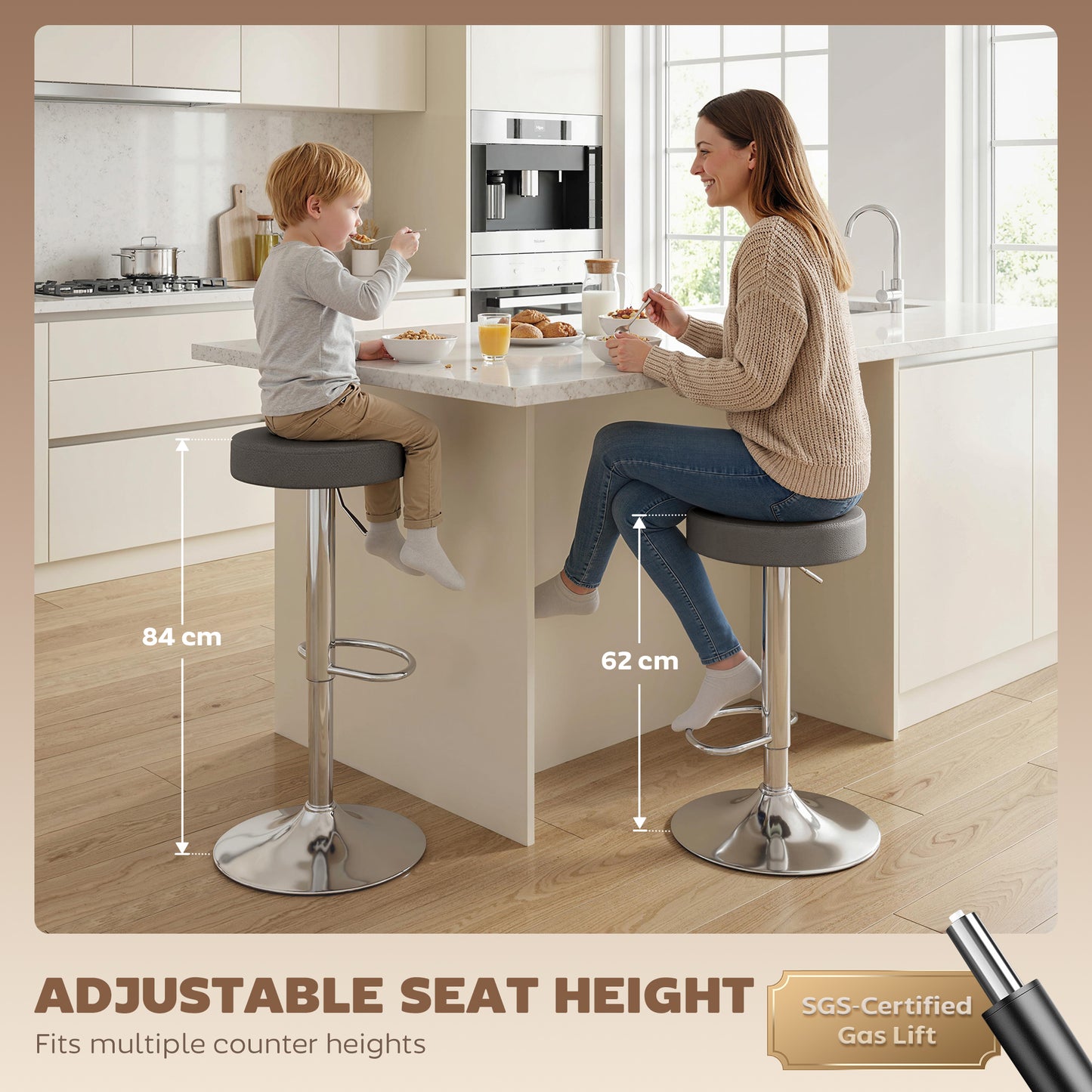HOMCOM Bar Stools Set Of 2 Modern PU Leather Swivel Height Adjustable Breakfast Bar Chairs With Footrest Grey