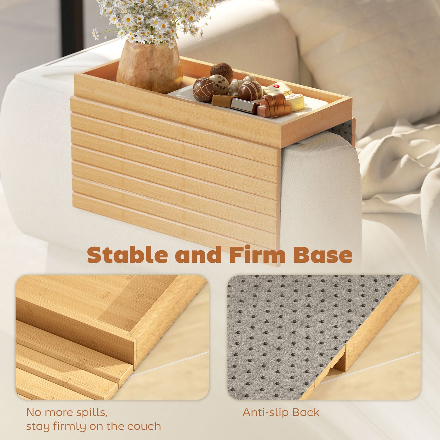 HOMCOM Bamboo Sofa Arm Tray Foldable Anti Slip Armrest Tray For Drinks And Snacks Natural Wood Finish