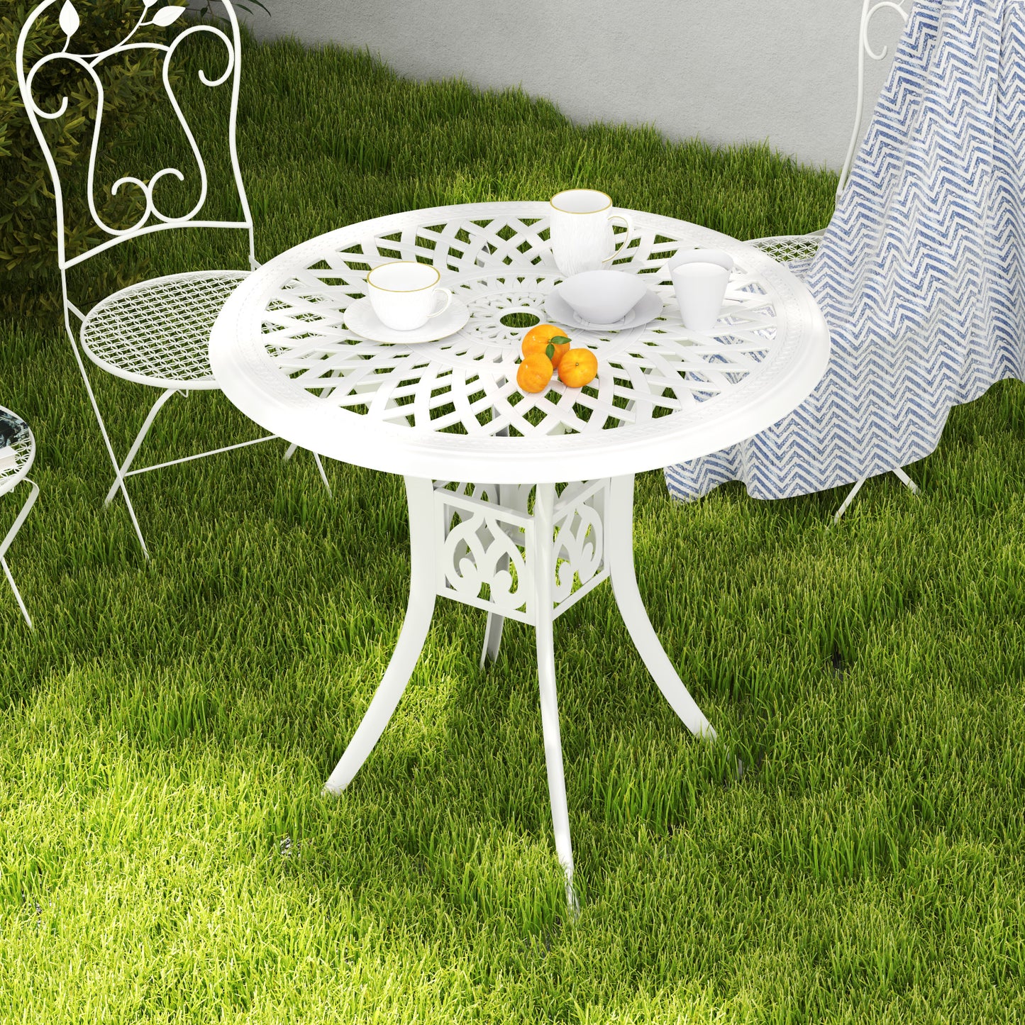 Outsunny 78 cm Round Garden Dining Table With Parasol Hole Cast Aluminium White Outdoor Table Only