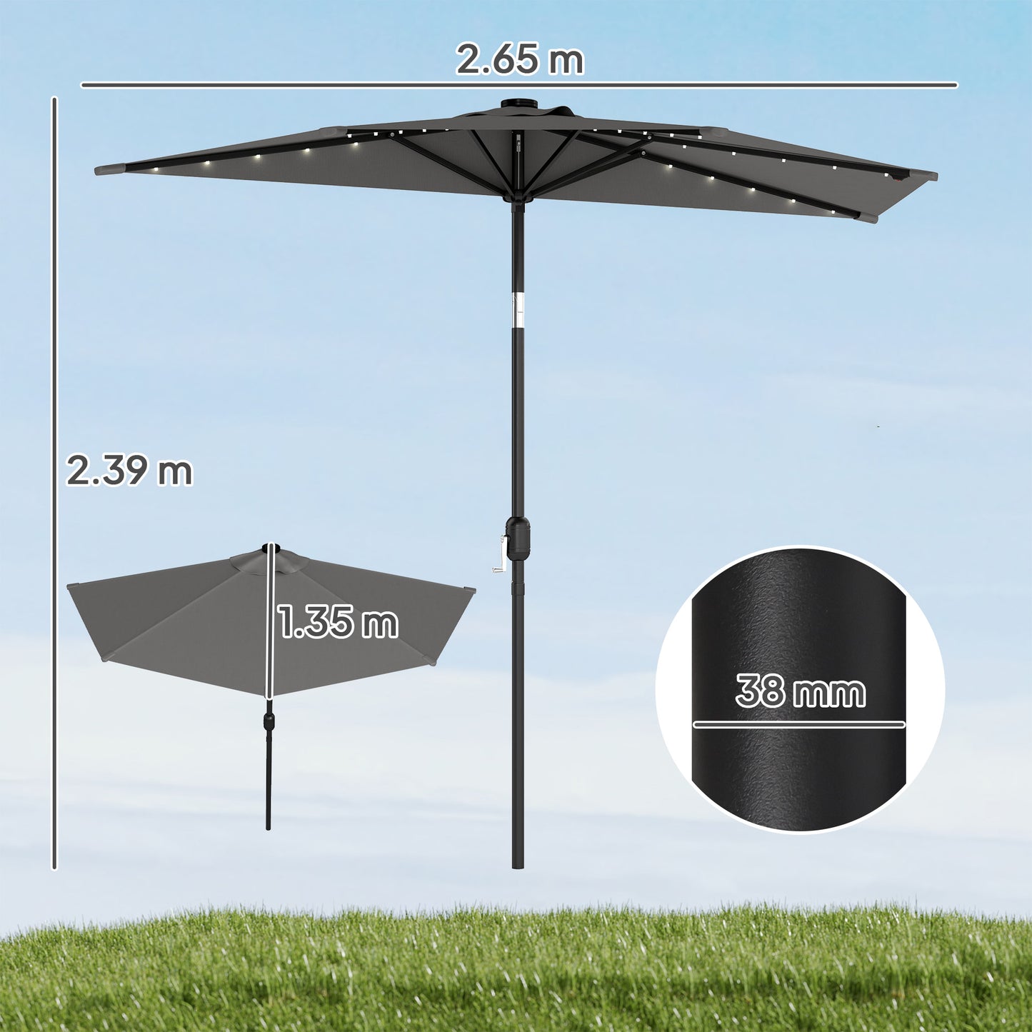 Outsunny 2.6 m Half Garden Parasol Solar LED Lights UPF50 Semi Round Umbrella 30 Degree Tilt Crank Handle Dark Grey