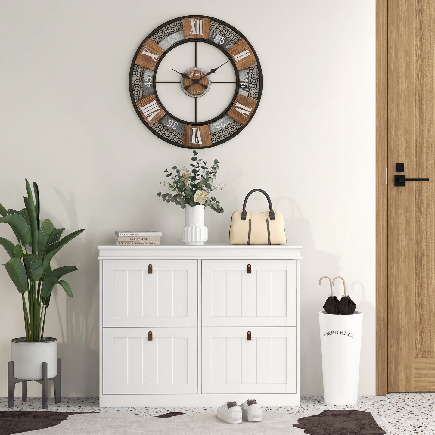 HOMCOM Slim Shoe Cabinet With Four Drop Down Doors Adjustable Shelves Anti Tip Design White