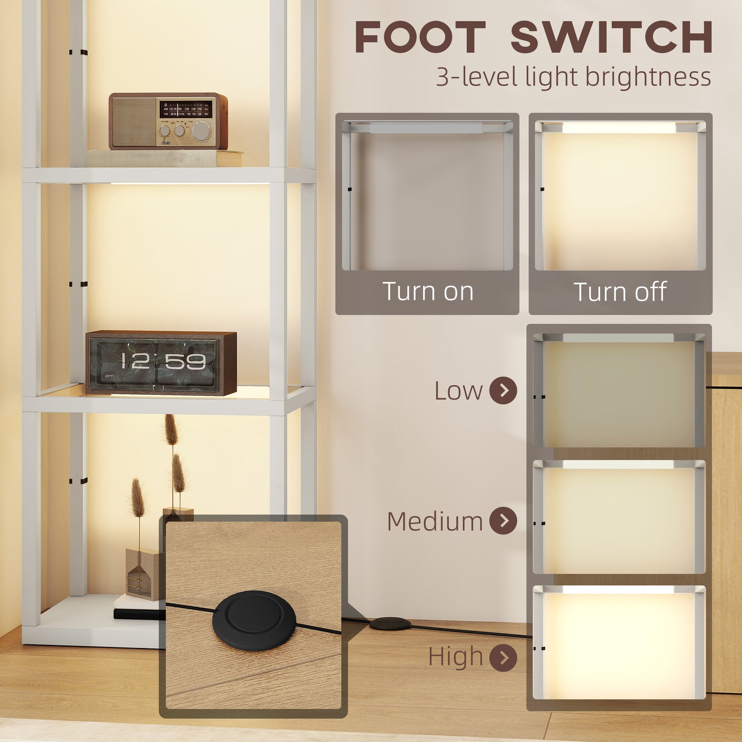 HOMCOM Four Shelf Floor Lamp With Tempered Glass Shelves Warm White LEDs Three Brightness Levels Grey