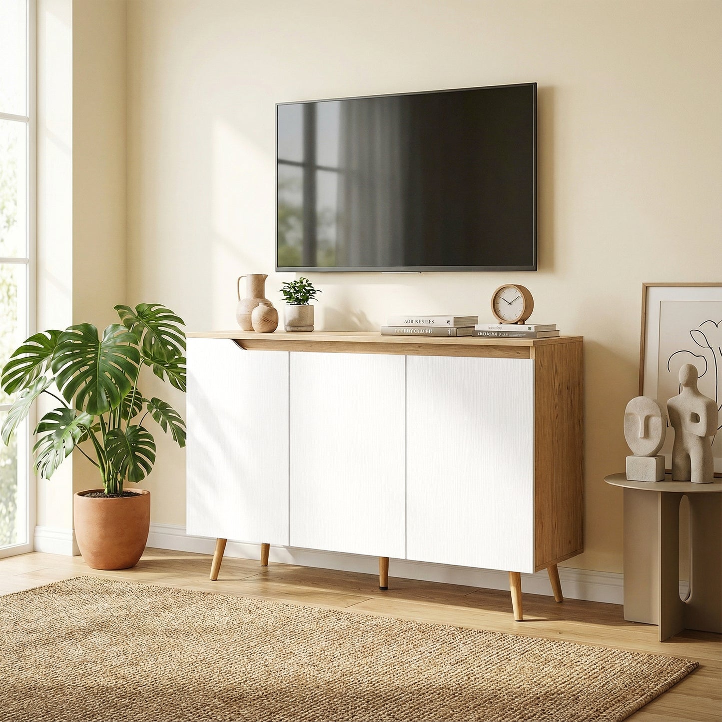 HOMCOM Sideboard Storage Cabinet Kitchen Cupboard With Three Doors And Two Adjustable Shelves White And Oak Finish