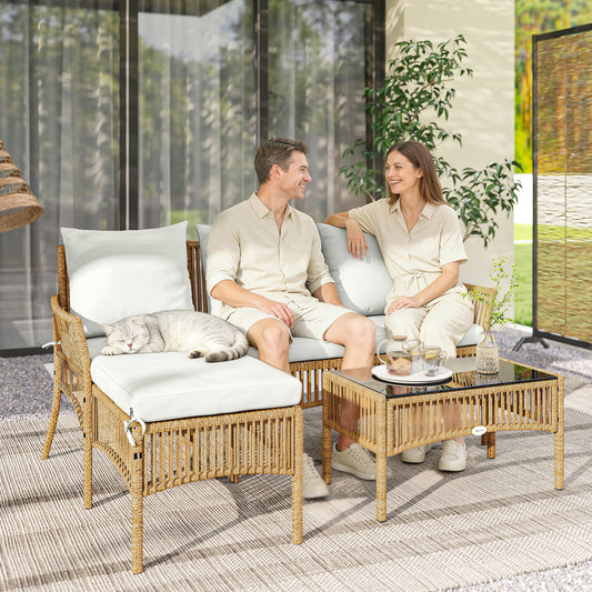 Outsunny 3 Piece Rattan Garden Furniture Set With Corner Sofa, Chaise Lounge And Glass Coffee Table, Cushions