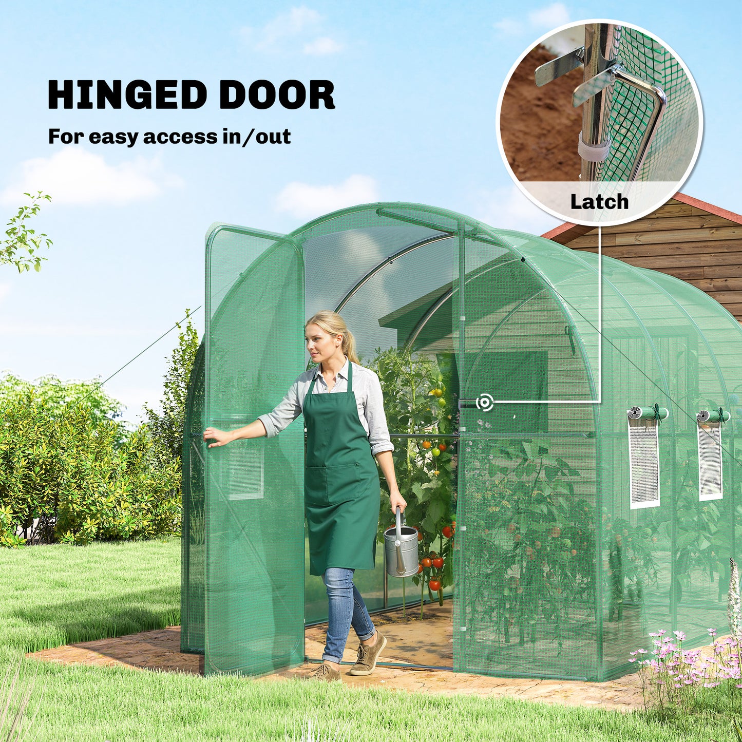 Outsunny 2 x 3 m Walk In Polytunnel Greenhouse With Hinged Door And 6 Roll Up Mesh Windows Garden Tunnel Green