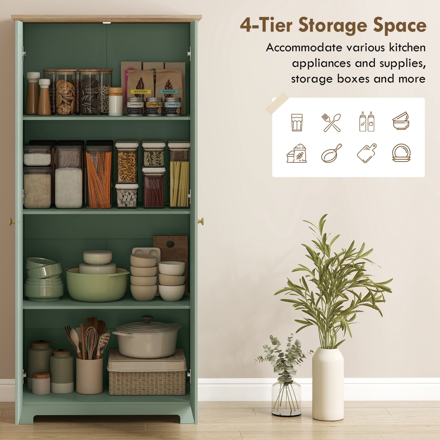 HOMCOM Kitchen Cupboard Freestanding Storage Cabinet With Doors And Shelves 172cm Light Green