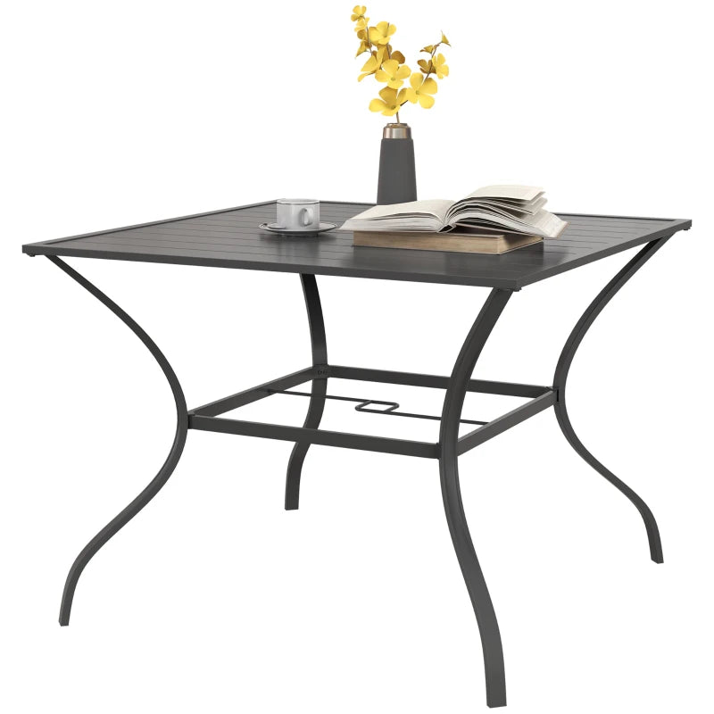 Outsunny 94 x 94 cm Dark Grey Garden Table with Parasol Hole - Outdoor Dining Table for Four with Slatted Metal Plate Top, Ideal for Al Fresco Dining - ALL4U RETAILER LTD