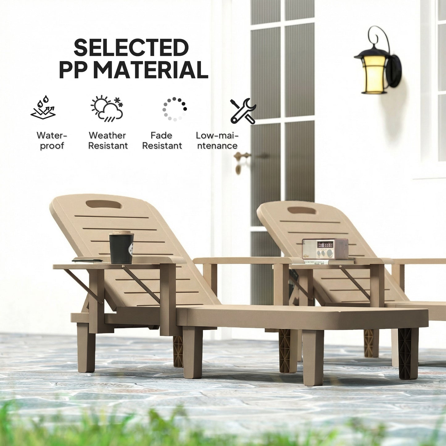 Outsunny Set Of 2 Reclining Sun Loungers 5 Position Adjustable Outdoor Chaise Lounge Chair With Armrests Khaki