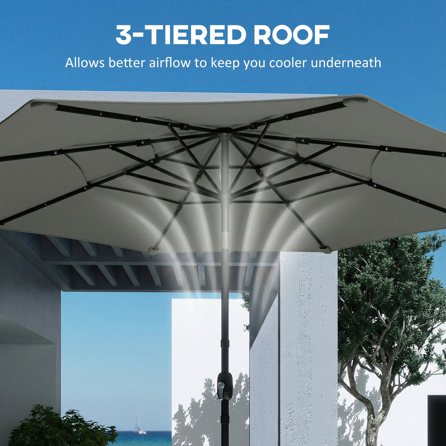 Outsunny Garden Parasol 3 Tier Roof Tilt Function Crank Handle Grey Polyester Canopy