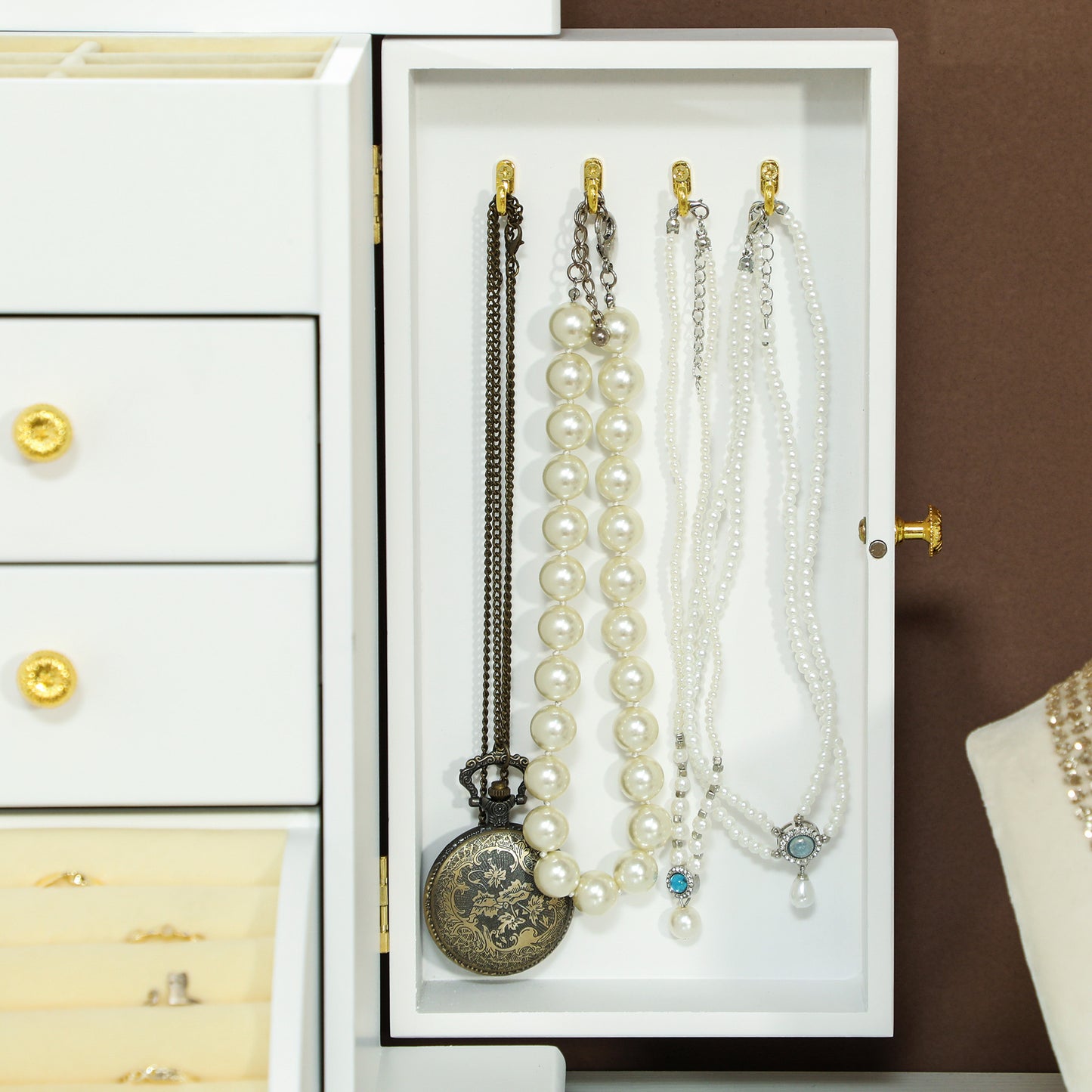 HOMCOM 4 Tier Jewellery Box With Mirror And 2 Drawers White For Ring Earrings Necklace Storage Organiser