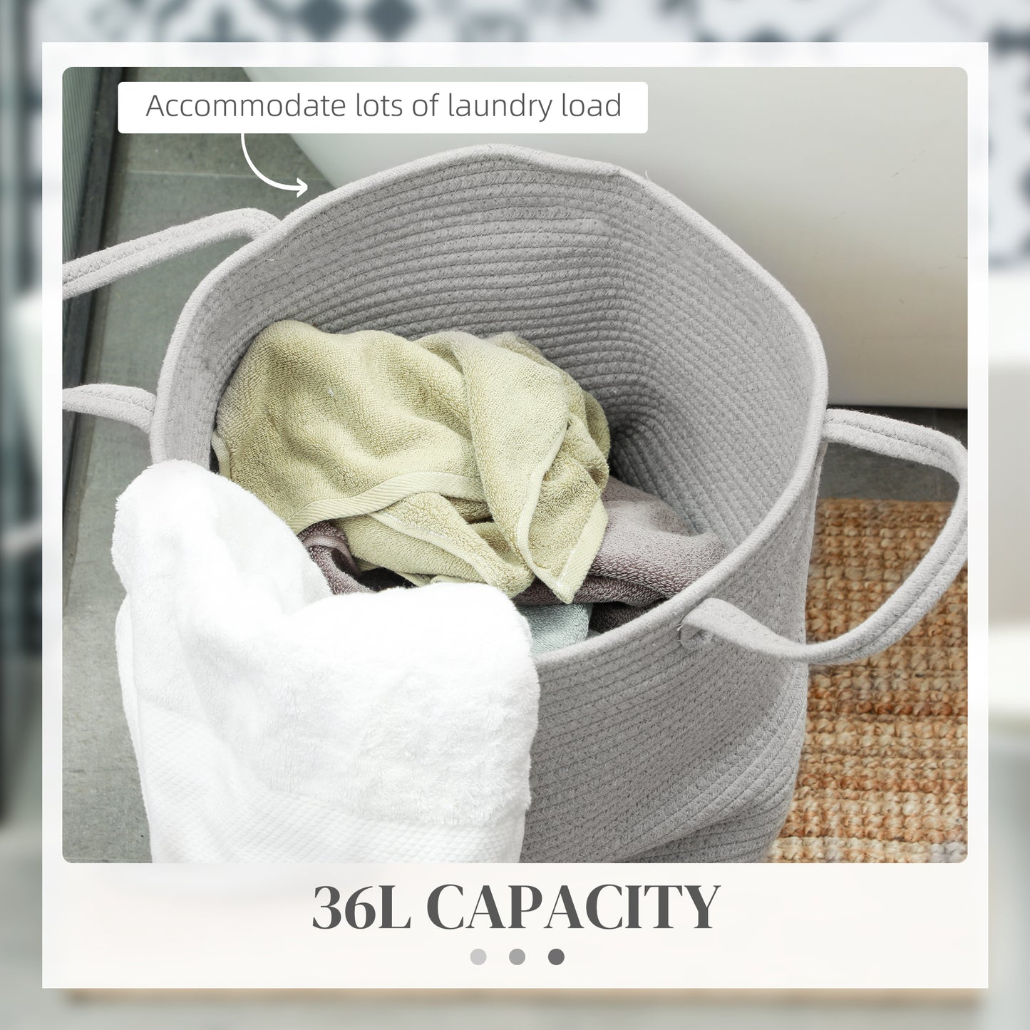 Soft Grey Cotton Rope Laundry Hamper with Handles - 36L Capacity - ALL4U RETAILER LTD